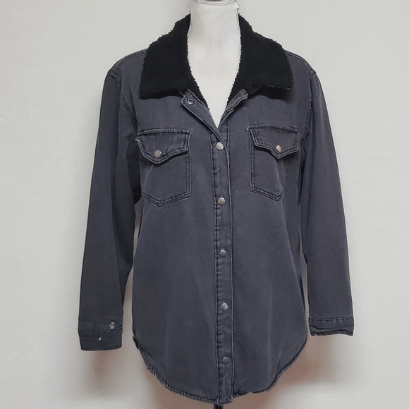 90s Vintage Excuse Grunge Dark Wash Black Distressed Sherpa Lined Denim Jacket L - Picture 9 of 15